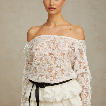 Federica White Lace Top and Puff Skirt Set