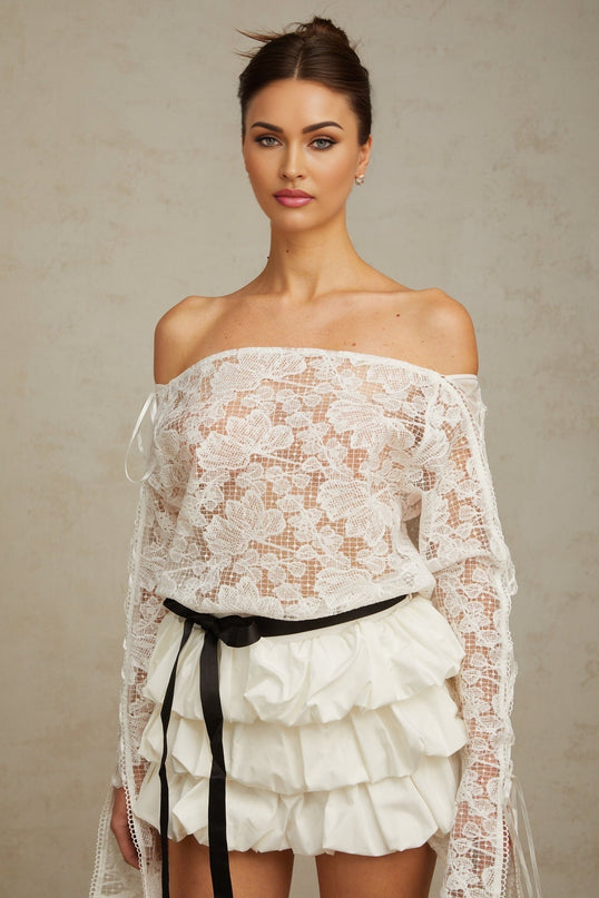 Federica White Lace Top and Puff Skirt Set