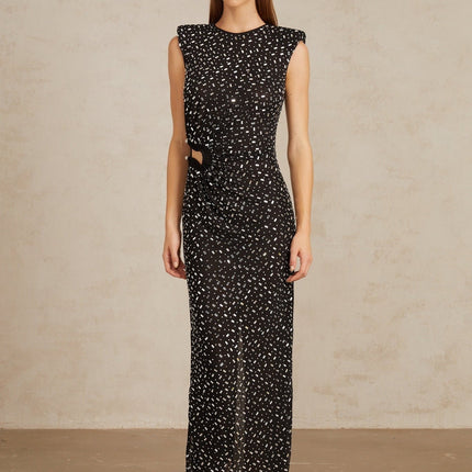 Félicie Black Embellished Mesh Maxi Gown in Black color