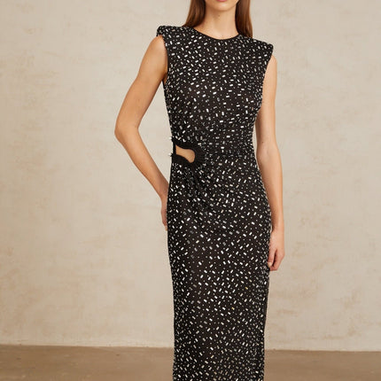 Felice Black Embellished Mesh Maxi Gown in Black