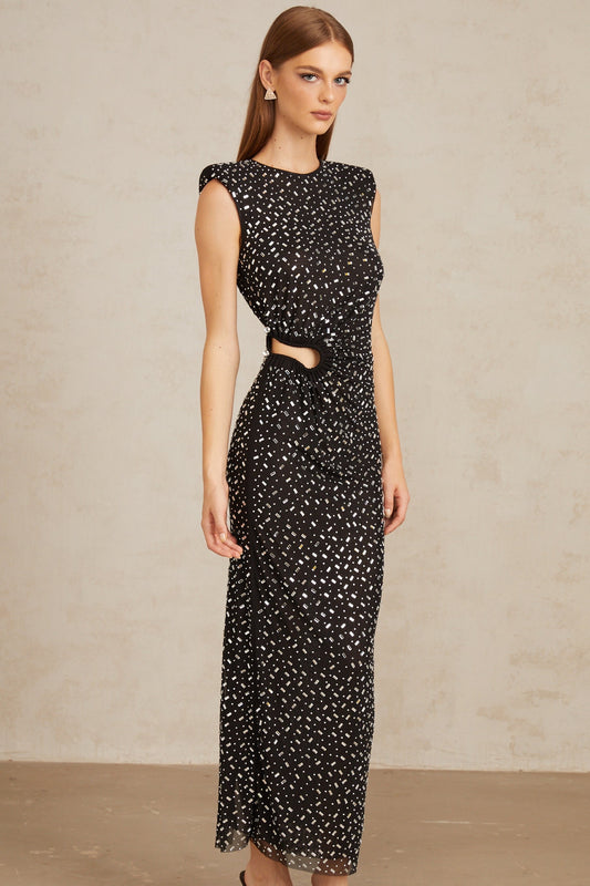 Félicie Black Embellished Mesh Maxi Gown