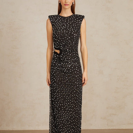 Félicie Black Embellished Mesh Maxi Gown in Black color