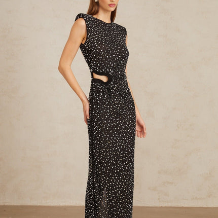 Félicie Black Embellished Mesh Maxi Gown in Black color