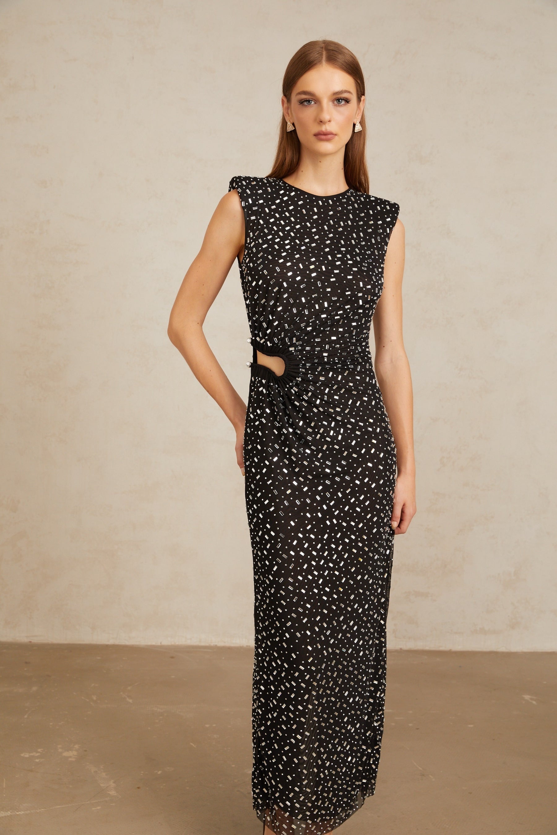 Félicie Black Embellished Mesh Maxi Gown