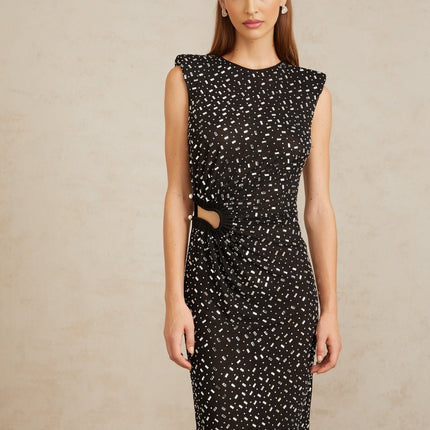 Félicie Black Embellished Mesh Maxi Gown in Black color