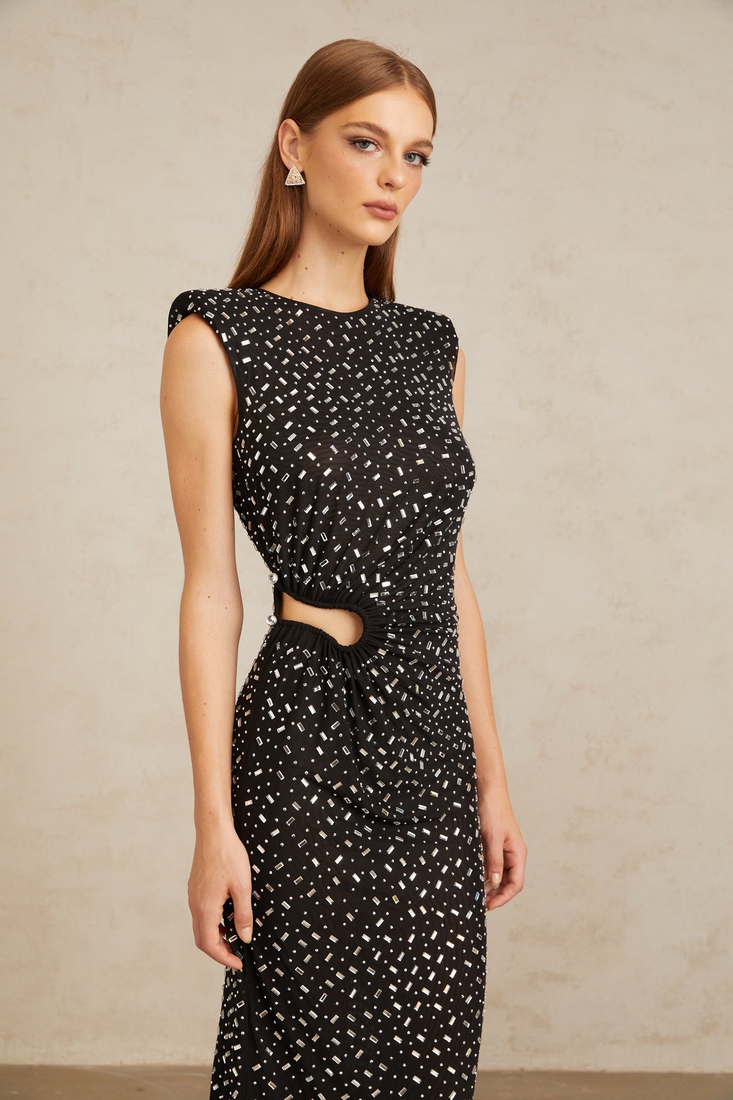 Félicie Black Embellished Mesh Maxi Gown
