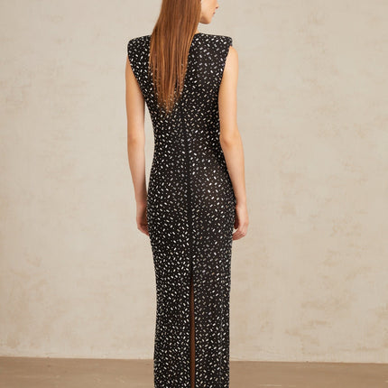 Félicie Black Embellished Mesh Maxi Gown in Black color with crystal and rhinestone embellishments