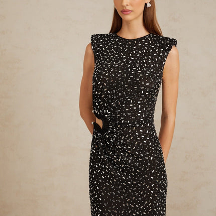 Félicie Black Embellished Mesh Maxi Gown in Black color