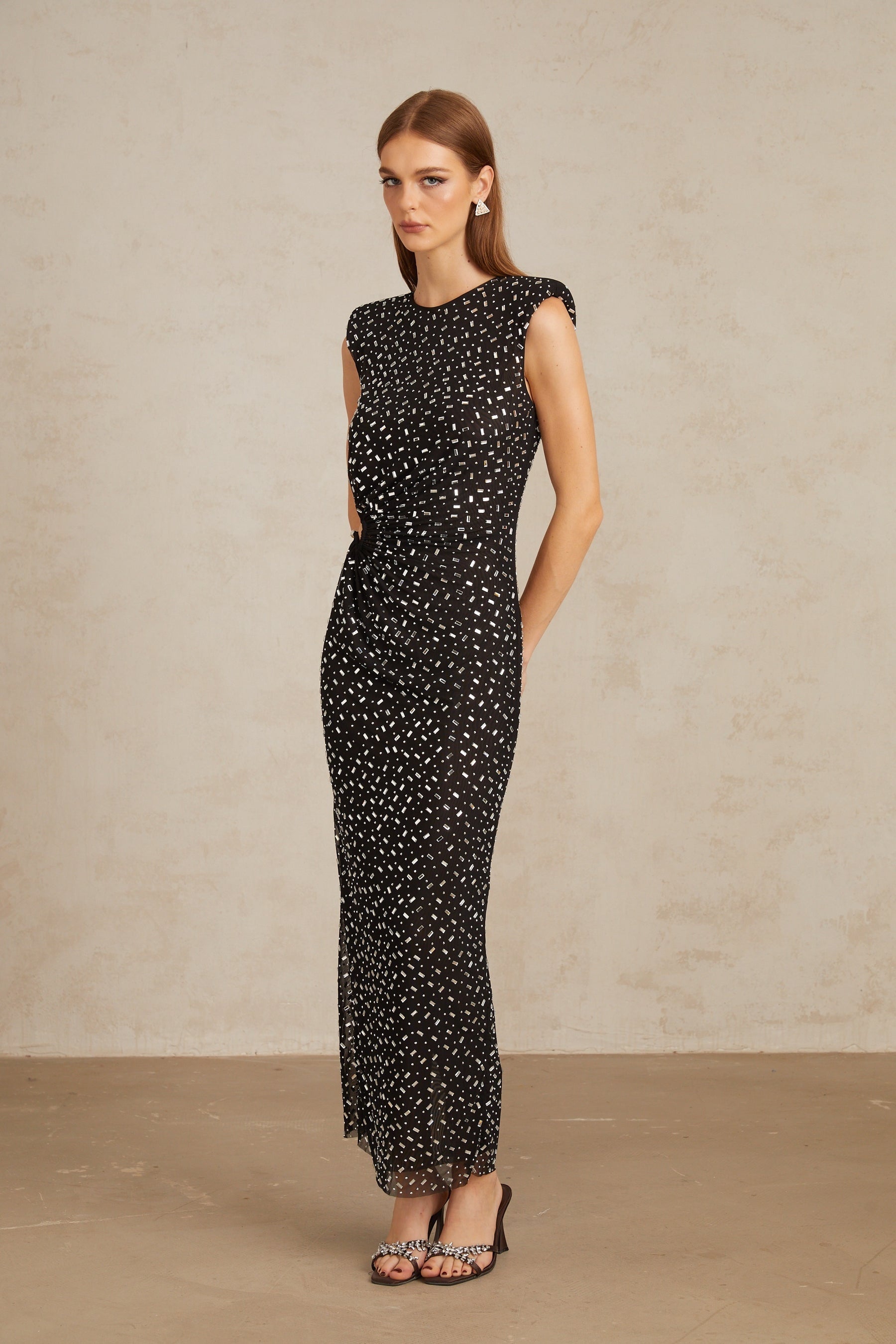 Félicie Black Embellished Mesh Maxi Gown