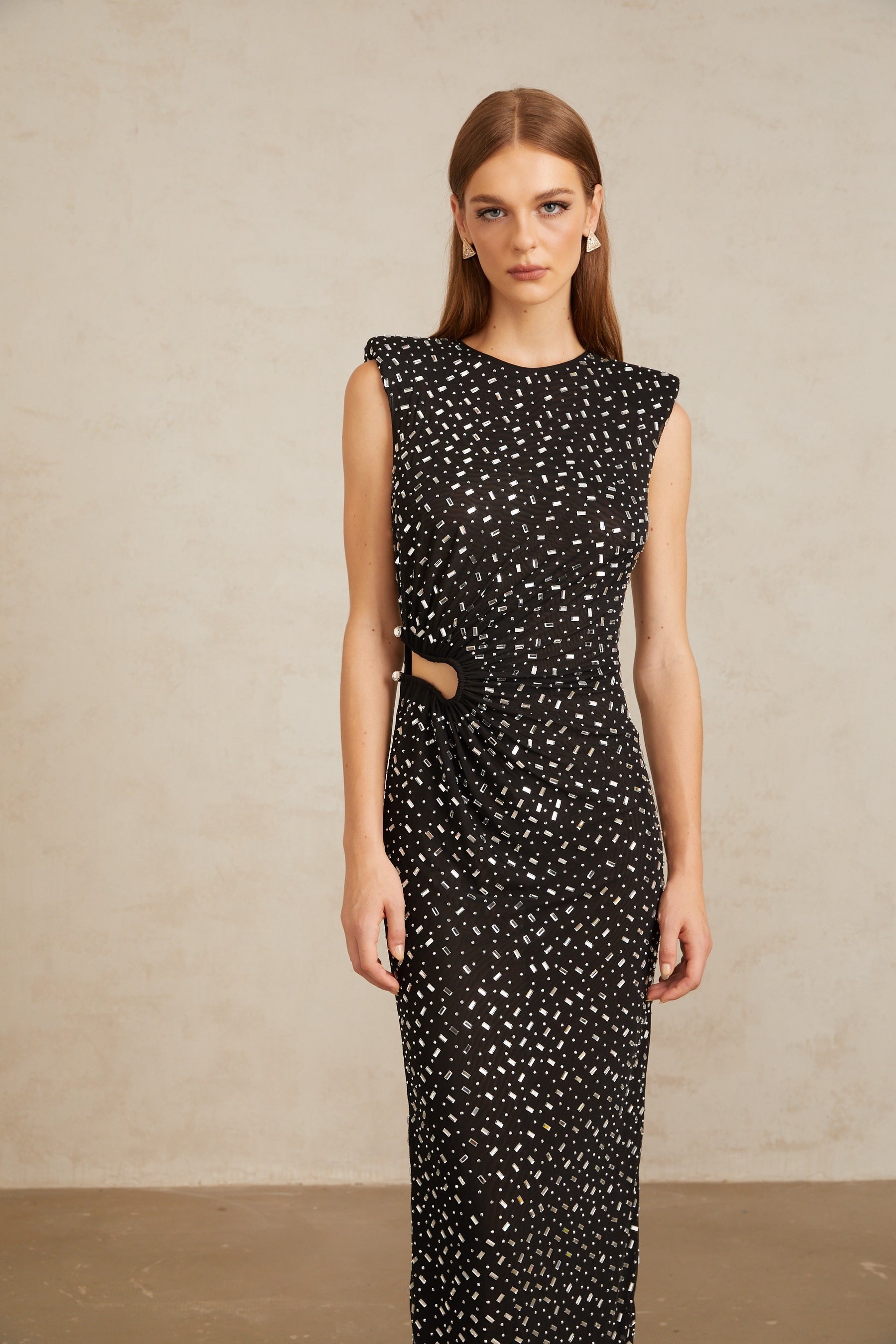 Félicie Black Embellished Mesh Maxi Gown