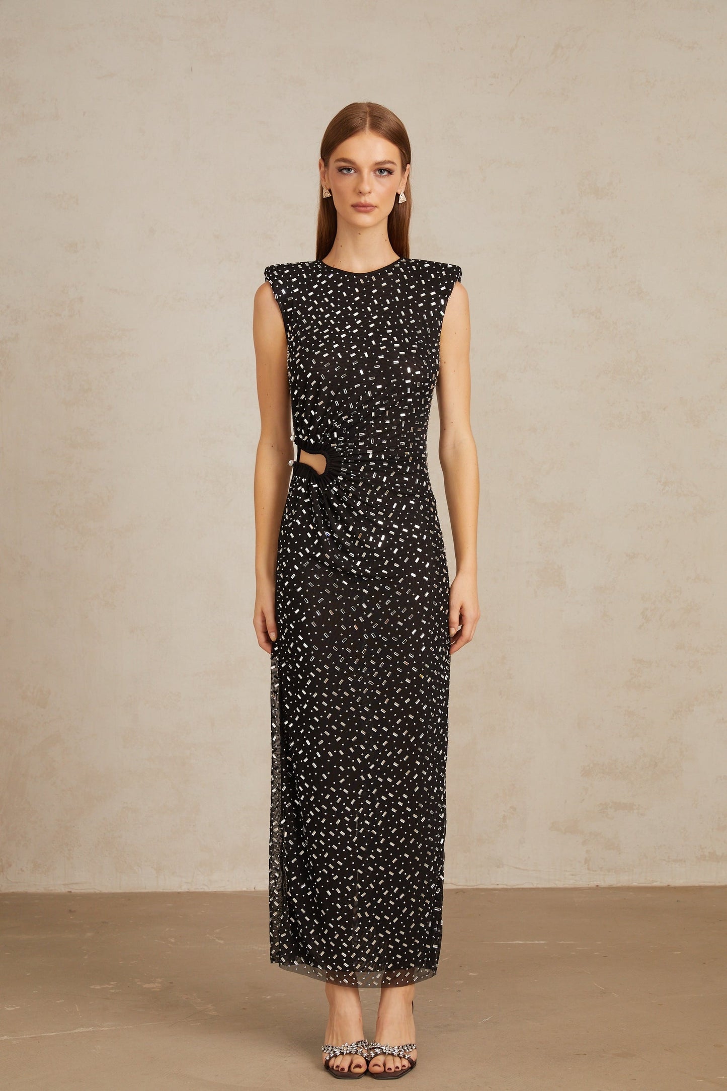 Félicie Black Embellished Mesh Maxi Gown