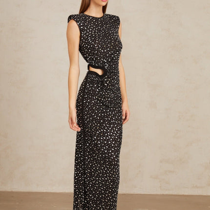 Félicie Black Embellished Mesh Maxi Gown in Black color