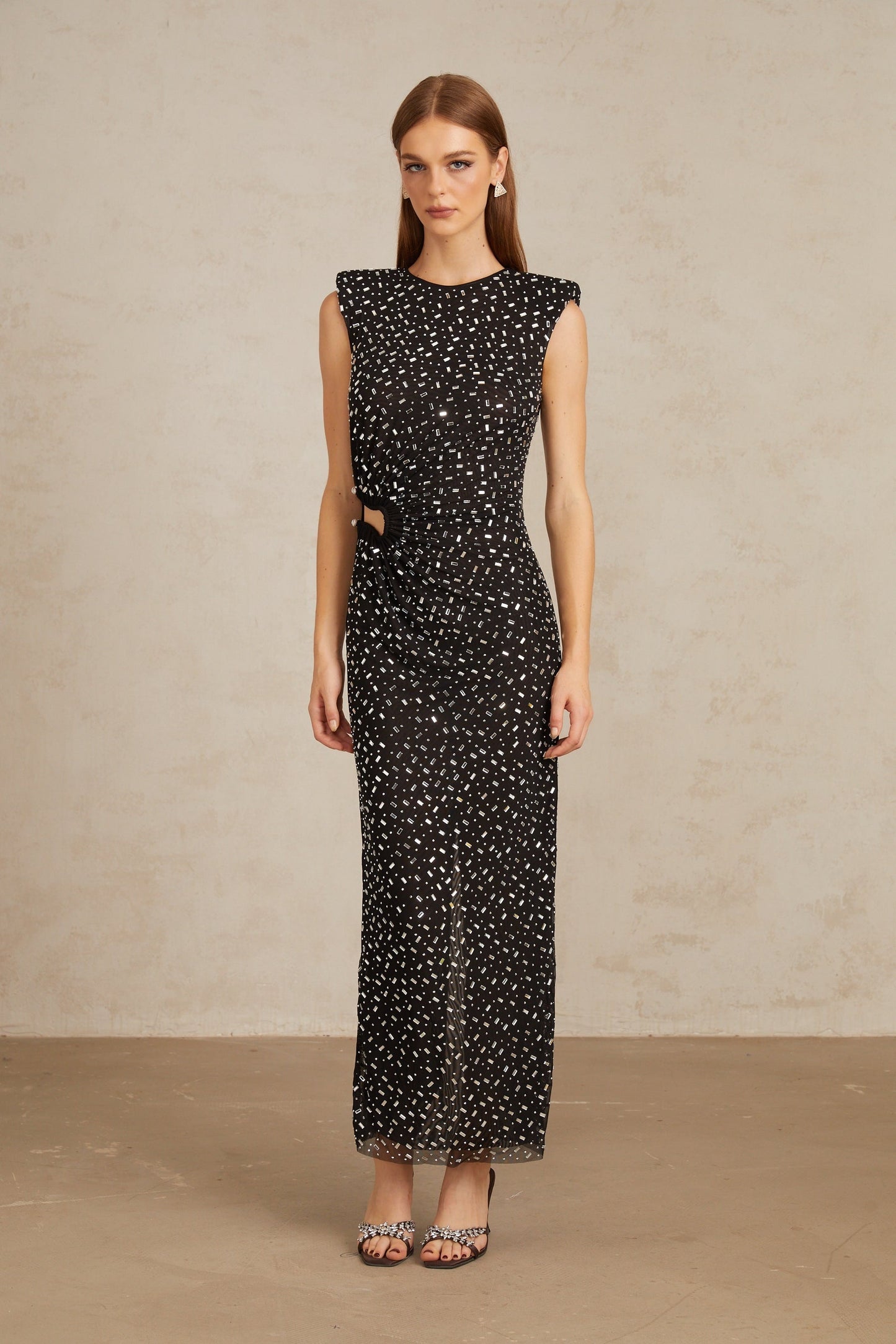 Félicie Black Embellished Mesh Maxi Gown