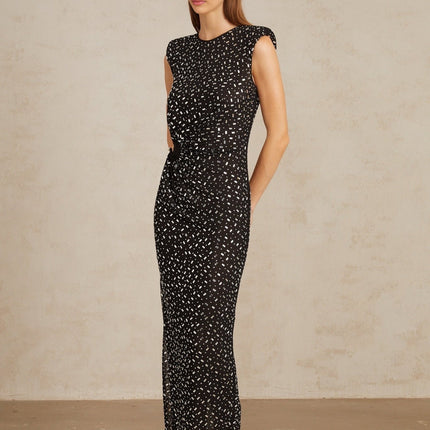 Félicie Black Embellished Mesh Maxi Gown in Black color