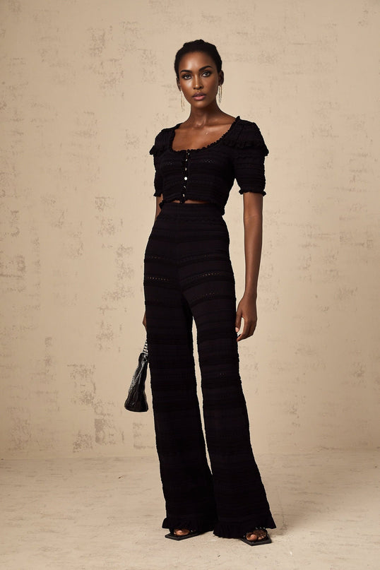 Felicita Black Crochet Ruffled Set Top Trousers