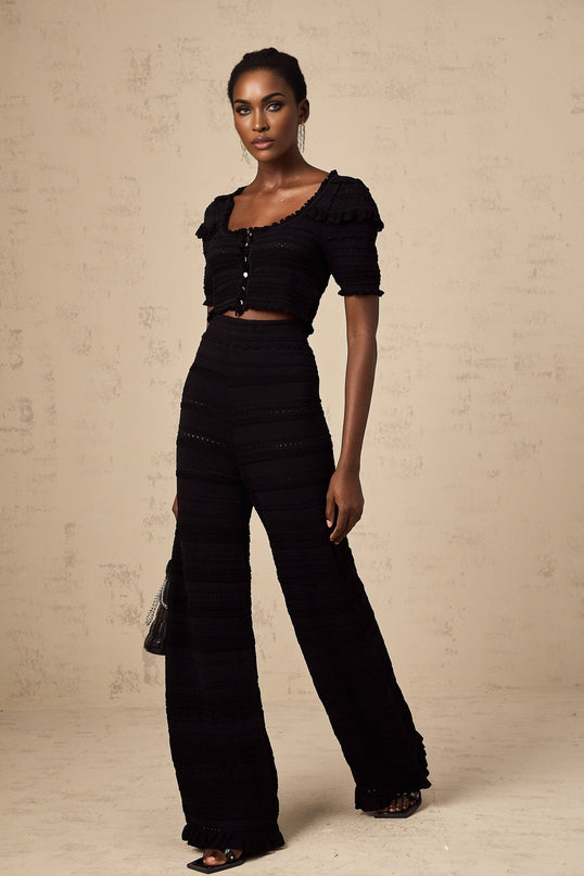 Felicita Black Crochet Ruffled Set Top Trousers