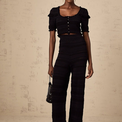 Felicita Black Crochet Ruffled Top Trousers Set