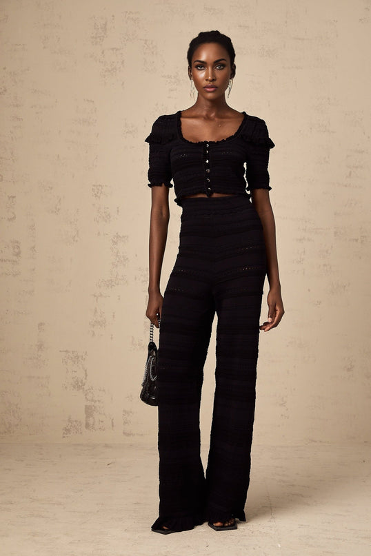 Felicita Black Crochet Ruffled Top Trousers Set