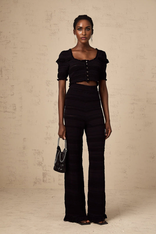 Felicita Black Crochet Ruffled Top Trousers Set