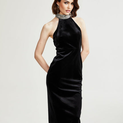 Felicita Black Crystal Embellished Turtle Neck Ankle-Length Dress