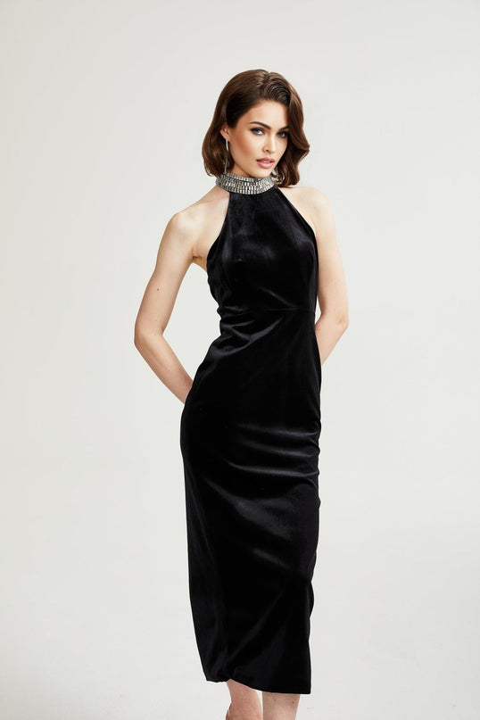 Felicita Black Crystal Embellished Turtle Neck Ankle-Length Dress