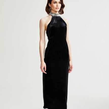 Felicita Black Crystal Embellished Turtle Neck Ankle-Length Dress