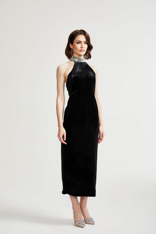 Felicita Black Crystal Embellished Turtle Neck Ankle-Length Dress
