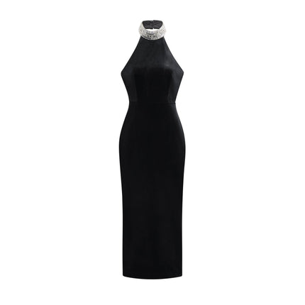 Felicita Black Crystal Embellished Turtle Neck Ankle-Length Dress