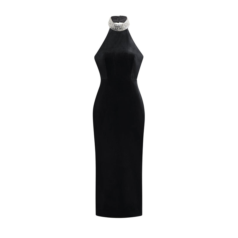 Felicita Black Crystal Embellished Turtle Neck Ankle-Length Dress