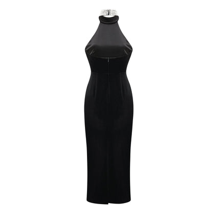 Felicita Black Crystal Embellished Turtle Neck Ankle Length Dress