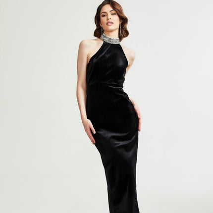 Felicita Black Crystal Embellished Turtle Neck Ankle Length Dress
