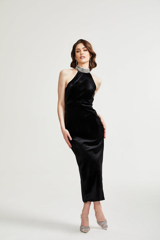 Felicita Black Crystal Embellished Turtle Neck Ankle Length Dress