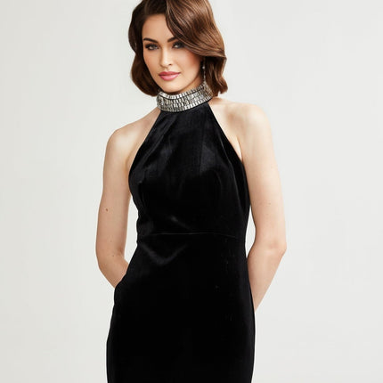 Felicita Black Crystal Embellished Turtle Neck Ankle-Length Dress
