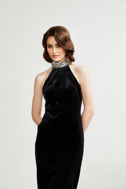 Felicita Black Crystal Embellished Turtle Neck Ankle-Length Dress