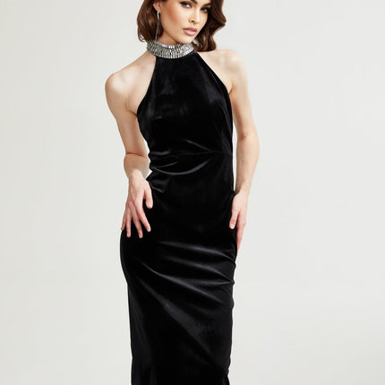Felicita Black Crystal Embellished Turtle Neck Ankle-Length Dress