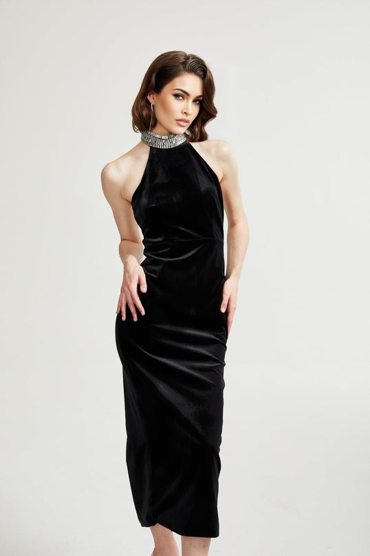Felicita Black Crystal Embellished Turtle Neck Ankle-Length Dress