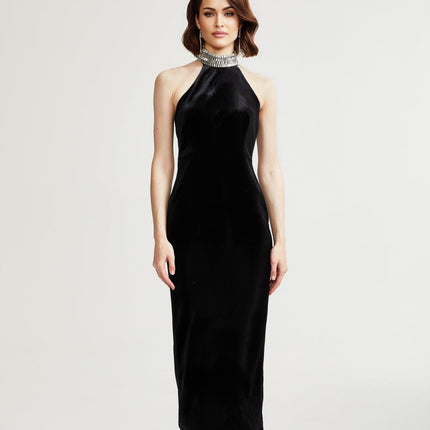 Felicita Black Crystal Turtle Neck Ankle Length Dress 100% Polyester Sleeveless Side Slit Rear Zip Fastening