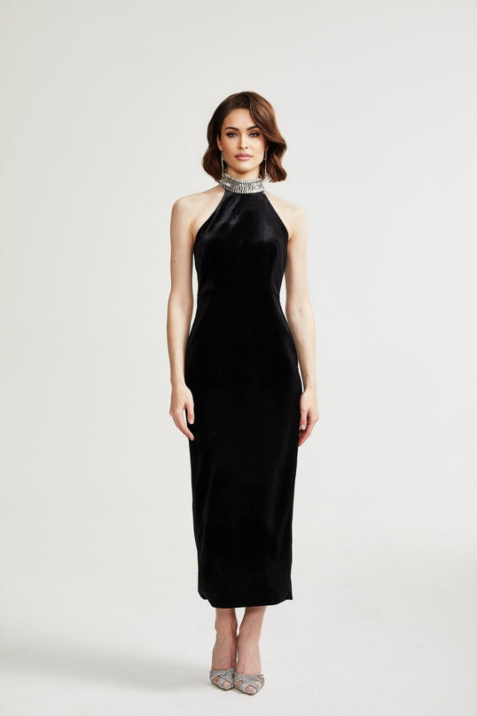 Felicita Black Crystal Turtle Neck Ankle Length Dress 100% Polyester Sleeveless Side Slit Rear Zip Fastening