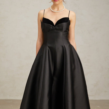 Felicita Black Midi Dress V-Neck Flared Skirt Splicing Design Rear Zip Fastening 95% Terylene 5% Spandex