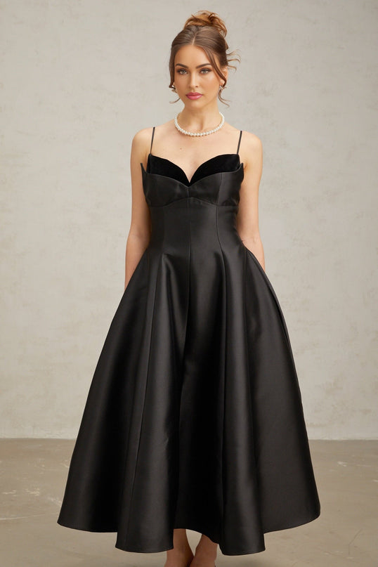 Felicita Black Midi Dress V-Neck Flared Skirt Splicing Design Rear Zip Fastening 95% Terylene 5% Spandex