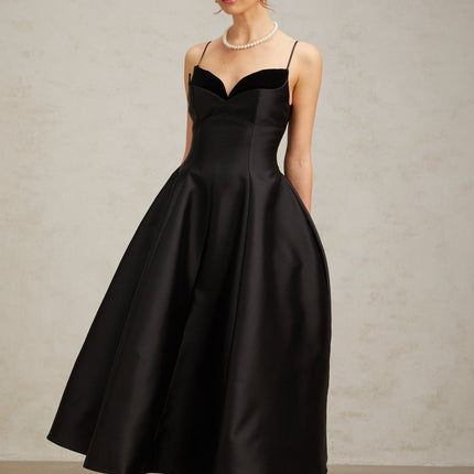 Felicita Black Midi Dress V-Neck Flared Skirt Splicing Design Rear Zip Fastening 95% Terylene 5% Spandex