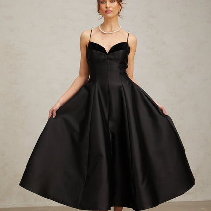 Felicita Black Midi Dress V-Neck Flared Skirt Splicing Design Rear Zip Fastening Terylene Spandex Blend