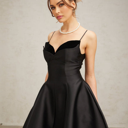 Felicita Black Midi Dress V-Neck Flared Skirt Splicing Design Rear Zip Fastening 95% Terylene 5% Spandex