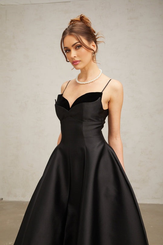 Felicita Black Midi Dress V-Neck Flared Skirt Splicing Design Rear Zip Fastening 95% Terylene 5% Spandex