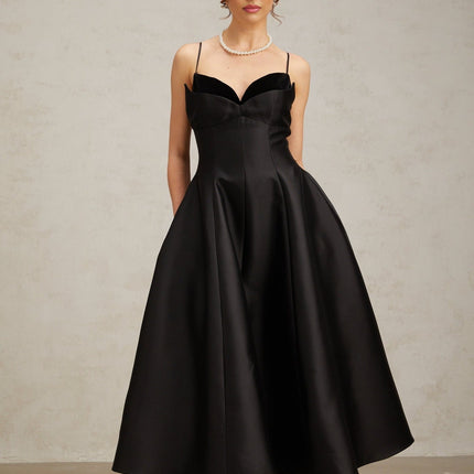Felicita Black Midi Dress V-Neck Flared Skirt Splicing Design Rear Zip Fastening 95% Terylene 5% Spandex