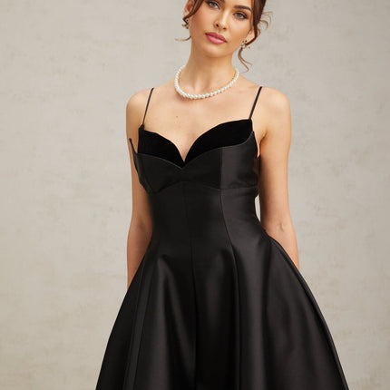 Felicita Black Midi Dress V-Neck Flared Skirt Splicing Design Rear Zip Fastening 95% Terylene 5% Spandex