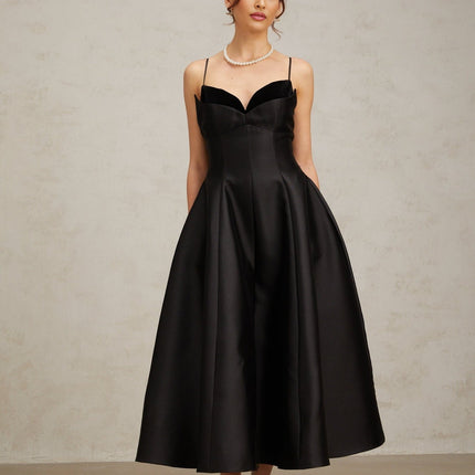 Felicita Black Midi Dress V-neck Flared Skirt Splicing Design Rear Zip Fastening 95% Terylene 5% Spandex