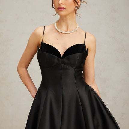 Felicita Black Midi Dress V-Neck Flared Skirt Splicing Design Rear Zip Fastening Luxurious Blend Terylene Spandex