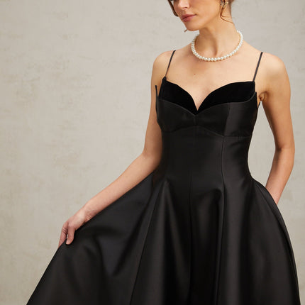 Felicita Black Midi Dress V-Neck Flared Skirt Splicing Design Rear Zip Fastening Terylene Spandex Blend