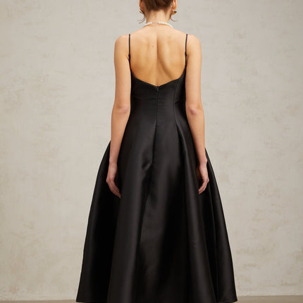 Felicita Black Midi Dress V-Neck Flared Skirt Splicing Design Rear Zip Fastening Terylene Spandex Blend